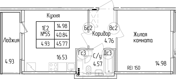 1-комнатная квартира 40.84 м², 3/4 эт., ЖК «Любоград в Стрельне»